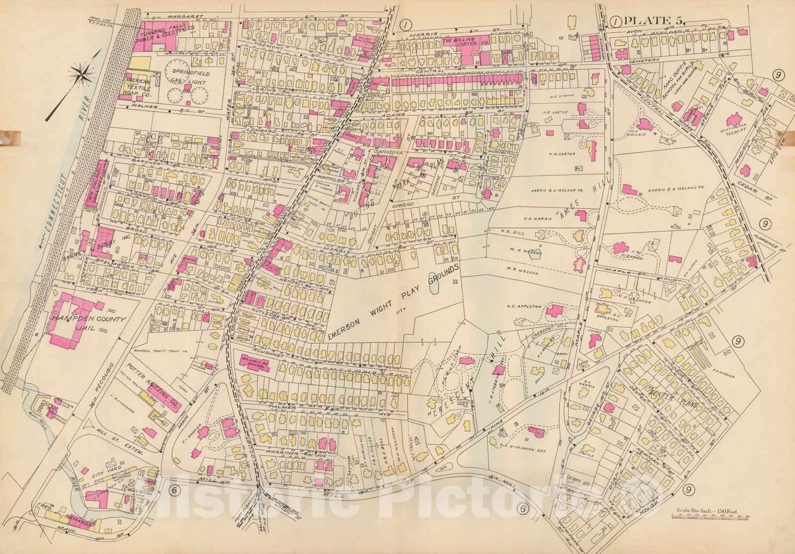 Historic Map : Atlas City of Springfield and the Town of Longmeadow 1920 Plate 005 , Vintage Wall Art