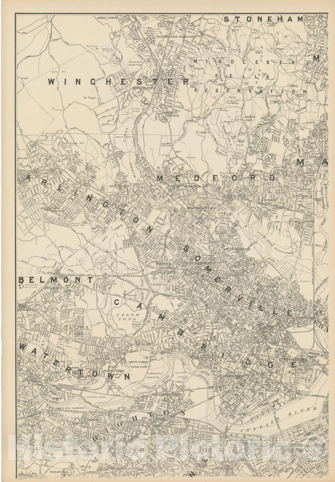 Historic Map : Map of Boston & Suburbs - NW Quad - 1900 , Northeast U.S. State & City Maps , v2, Vintage Wall Art