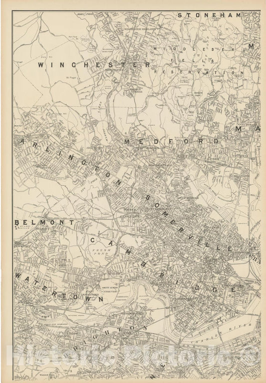 Historic Map : Map of Boston & Suburbs - NW Quad - 1900 , Northeast U.S. State & City Maps , v2, Vintage Wall Art