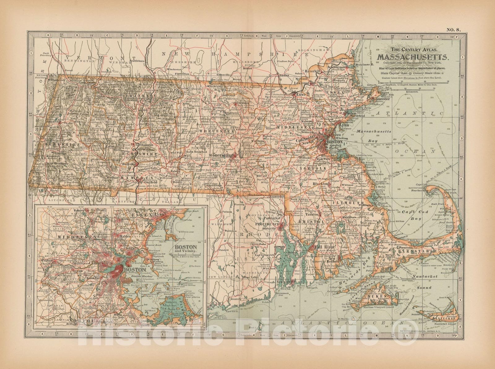 Historic Map : Massachusetts 1897 , The Century Atlas World , v2, Vintage Wall Art