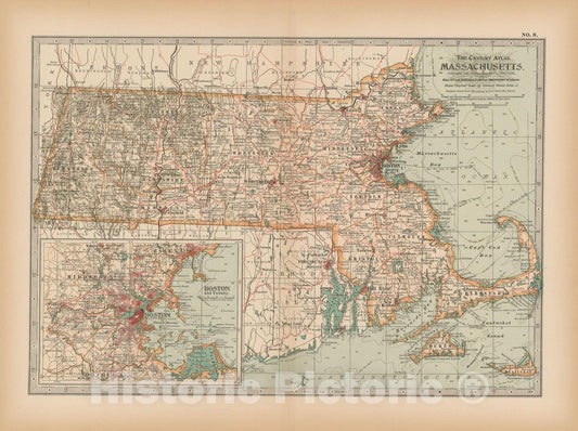 Historic Map : Massachusetts 1897 , The Century Atlas World , v2, Vintage Wall Art