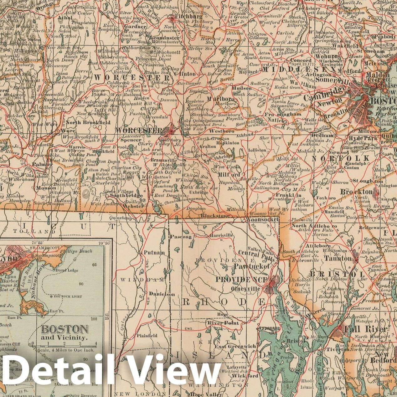 Historic Map : Massachusetts 1897 , The Century Atlas World , v2, Vintage Wall Art