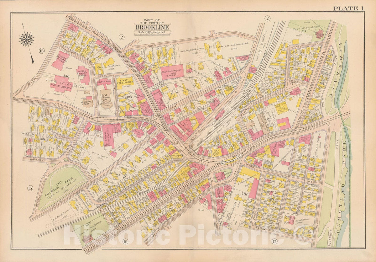 Historic Map : Atlas Town of Brookline, Brookline 1919 Plate 001 , Vintage Wall Art