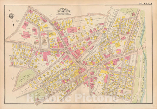Historic Map : Atlas Town of Brookline, Brookline 1919 Plate 001 , Vintage Wall Art