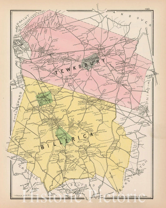 Historic Map : Atlas of Middlesex County, Massachusetts, Billerica & Tewksbury 1889 , Vintage Wall Art