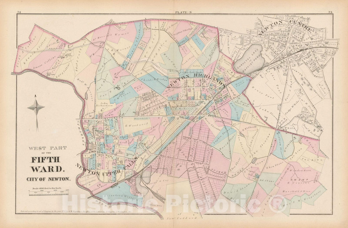 Historic Map : City of Newton, Middlesex County, Newton 1874 Plate S , Vintage Wall Art