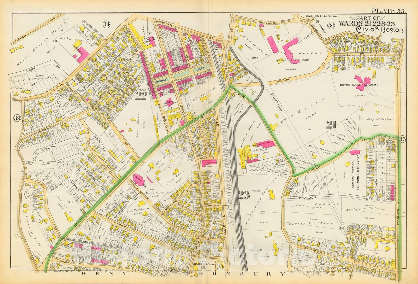 Historic Map : Atlas City of Boston, City Proper and Roxbury, Boston & Roxbury 1890 Plate 035 , Vintage Wall Art