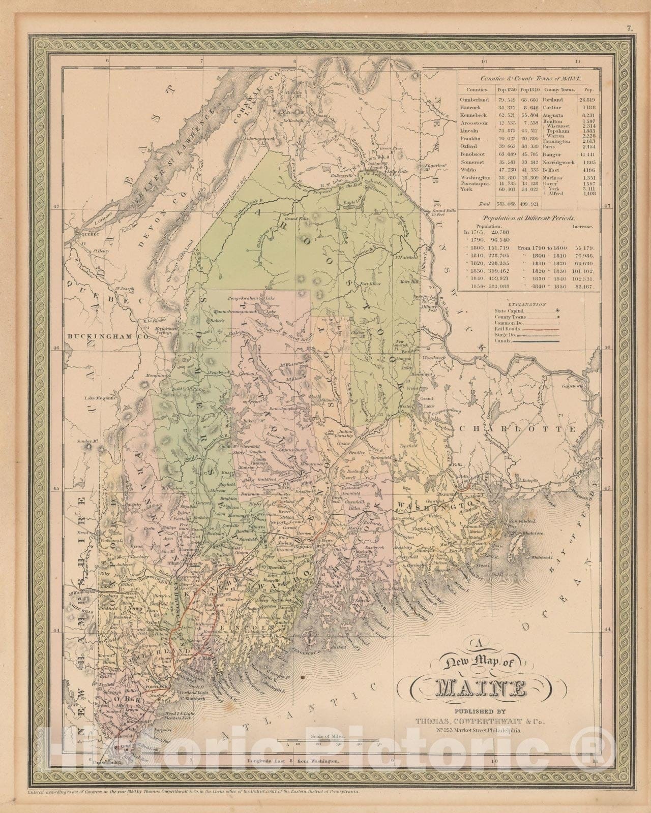 Historic Map : Maine 1850 , Vintage Wall Art