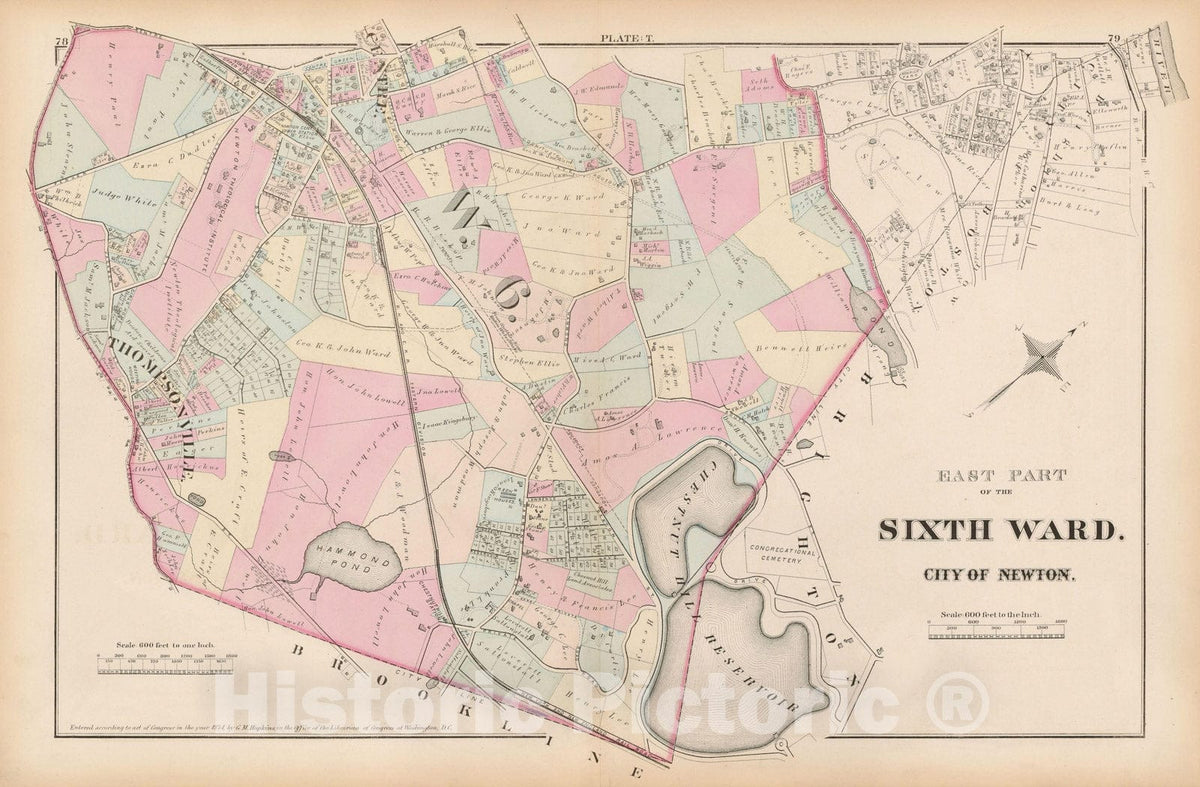 Historic Map : City of Newton, Middlesex County, Brookline & Newton 1874 Plate T , Vintage Wall Art