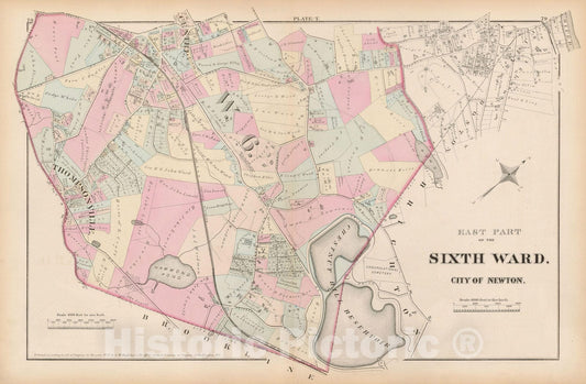 Historic Map : City of Newton, Middlesex County, Brookline & Newton 1874 Plate T , Vintage Wall Art