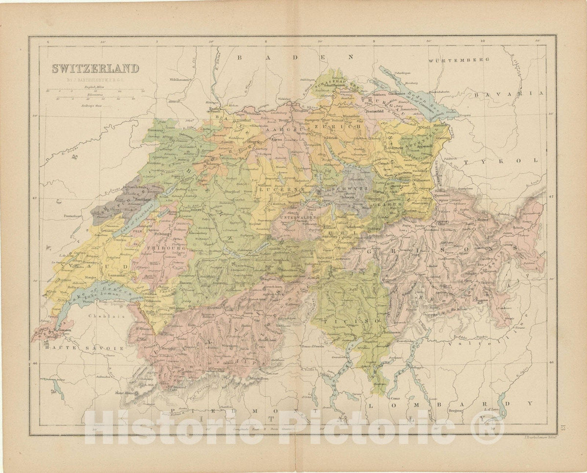 Historic Map : Switzerland 1875 , Student Atlas of Modern Geography , Vintage Wall Art