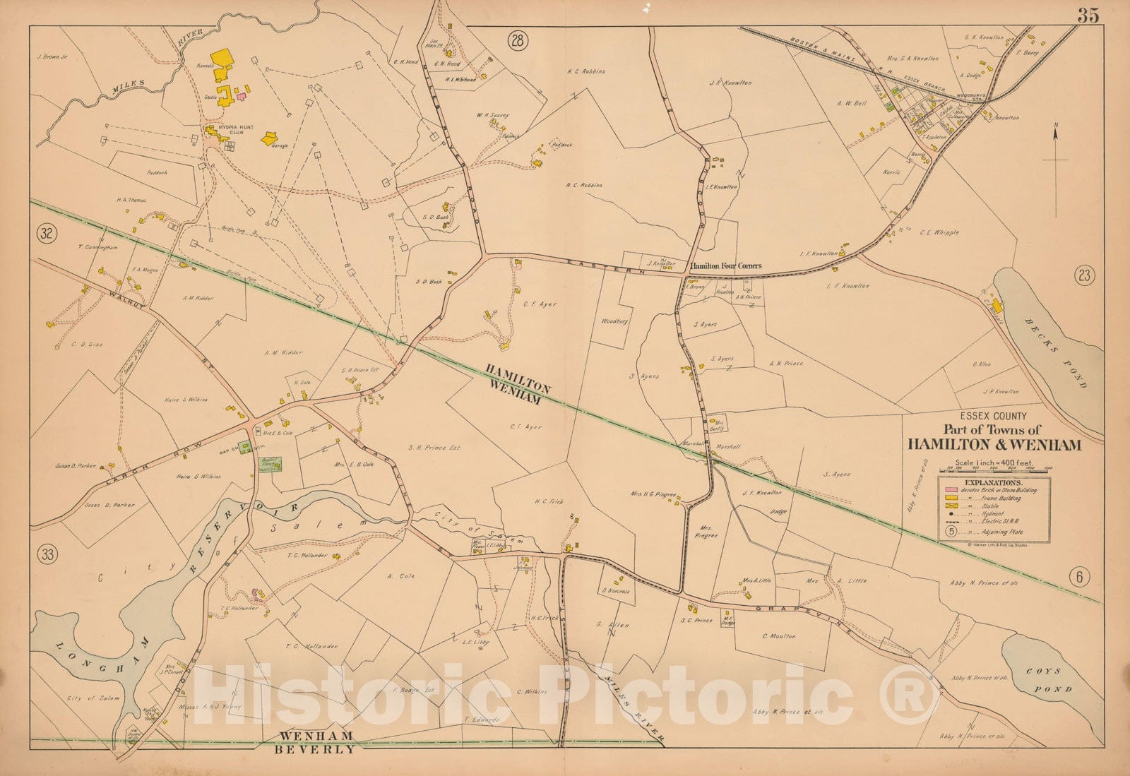 Historic Map : Atlas Towns of Topsfield, Ipswich, Essex, Hamilton and Wenham, Essex County, MA, Hamilton & Wenham 1910 Plate 035 , Vintage Wall Art