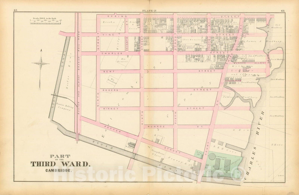 Historic Map : Atlas City of Cambridge, Middlesex Co., Massachusetts, Cambridge 1873 Plate P , Vintage Wall Art