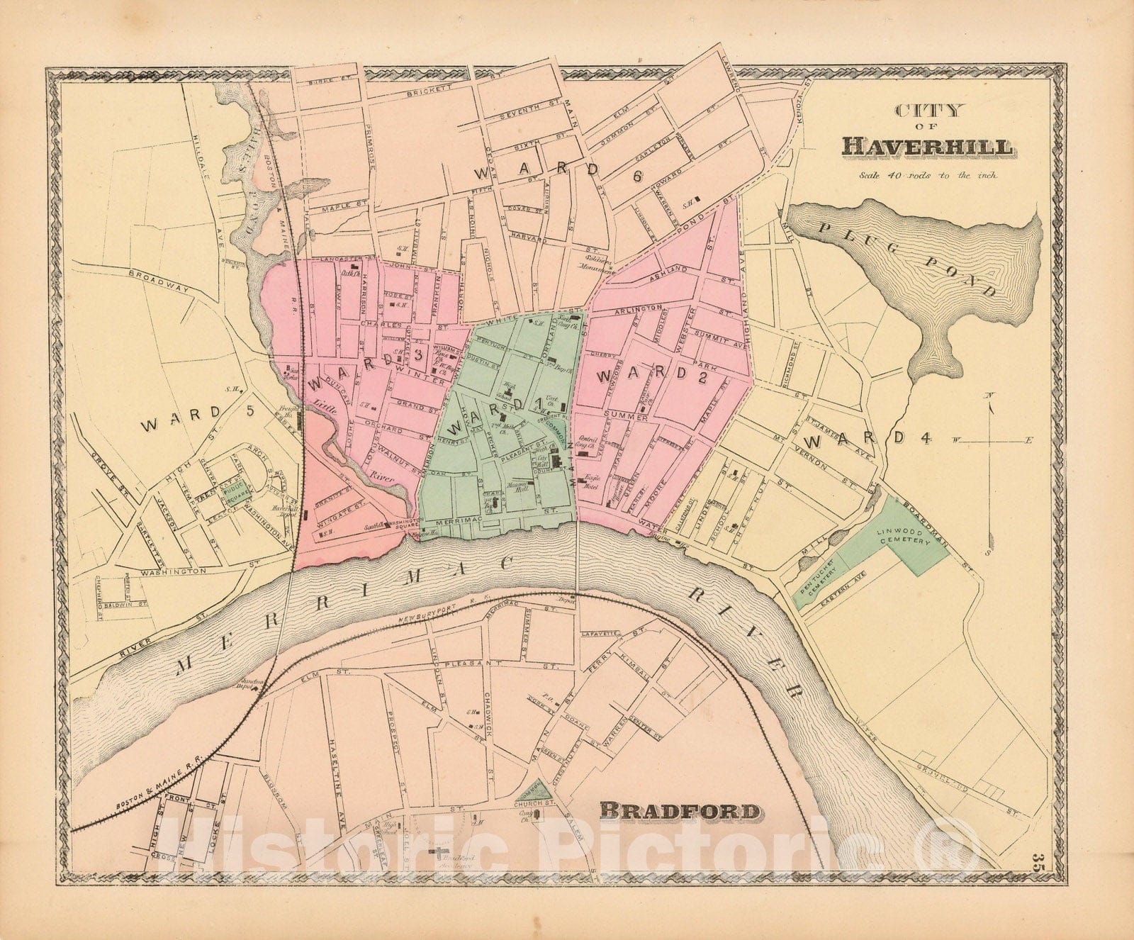 Historic Map : Atlas of Essex County Massachusetts, Bradford & Haverhill 1872 , Vintage Wall Art