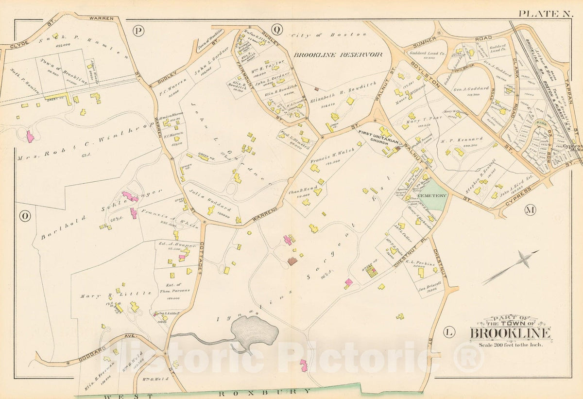 Historic Map : Atlas Town of Brookline, Brookline 1888 Plate N , Vintage Wall Art