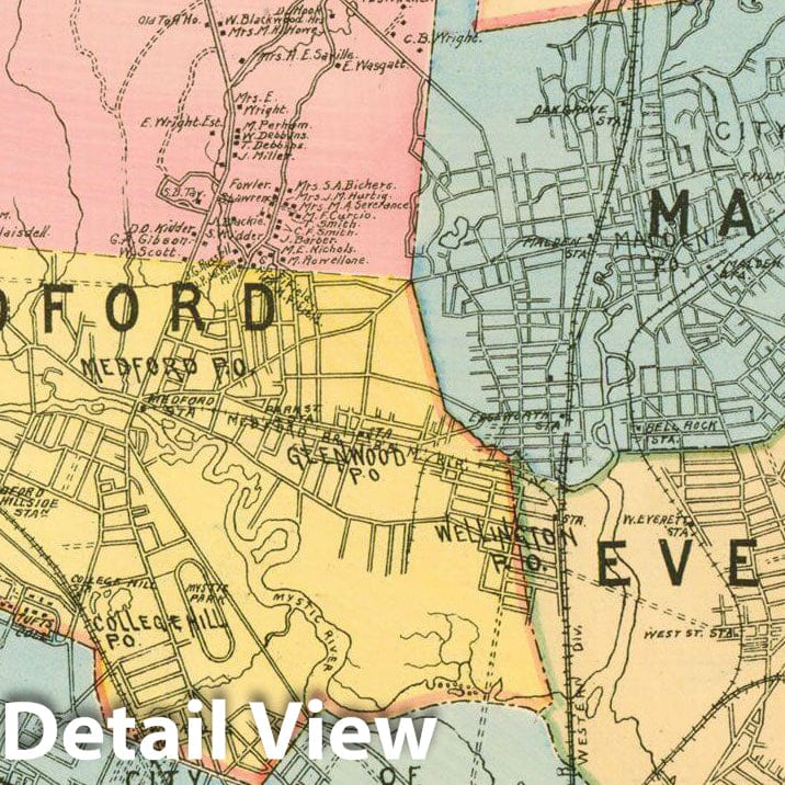Historic Map : Atlas of Middlesex County, Massachusetts, Cambridge & Medford & Stoneham 1889 , Vintage Wall Art