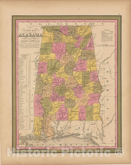 Historic Map : Alabama 1847 , A New Universal Atlas of the World , Vintage Wall Art
