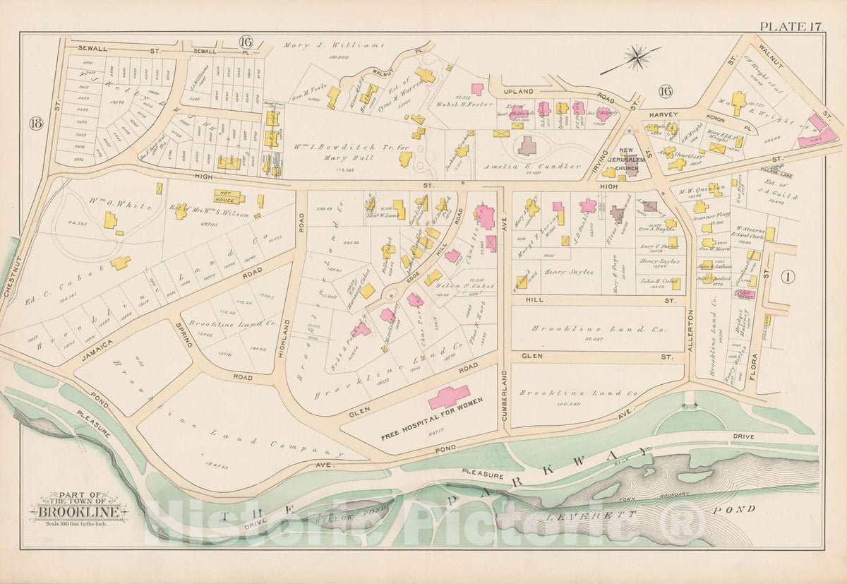 Historic Map : Atlas Town of Brookline, Brookline 1893 Plate 017 , Vintage Wall Art