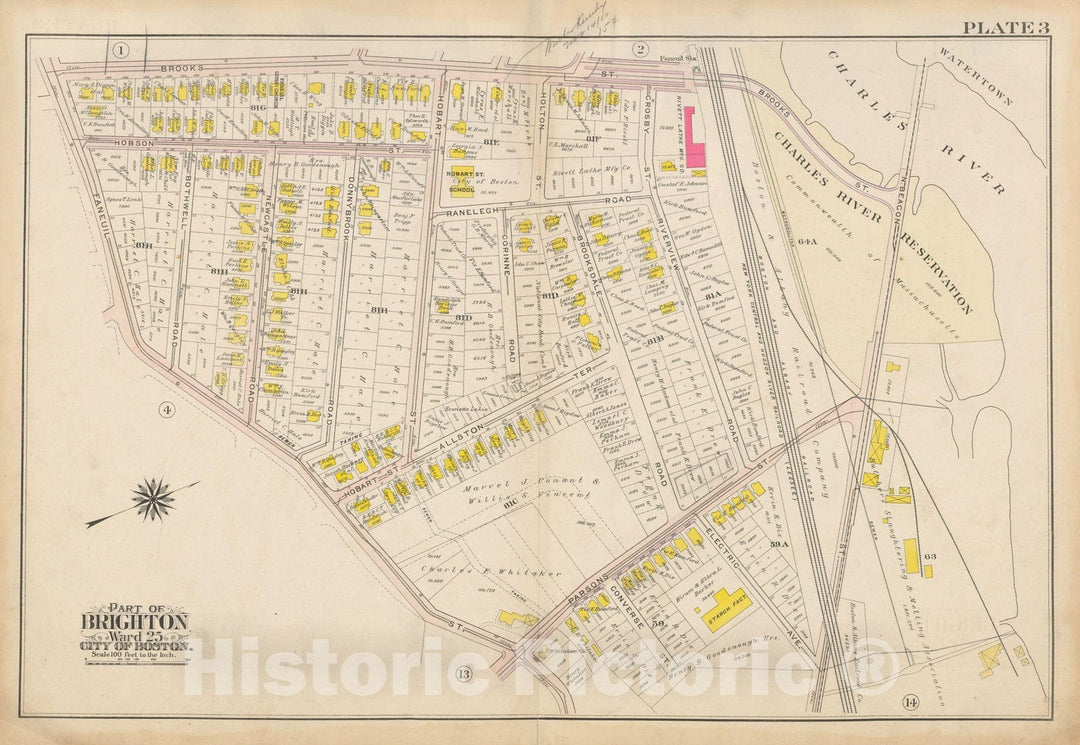 Historic Map : Atlas City of Boston Ward 25 Brighton, Brighton 1909 Plate 003 , Vintage Wall Art