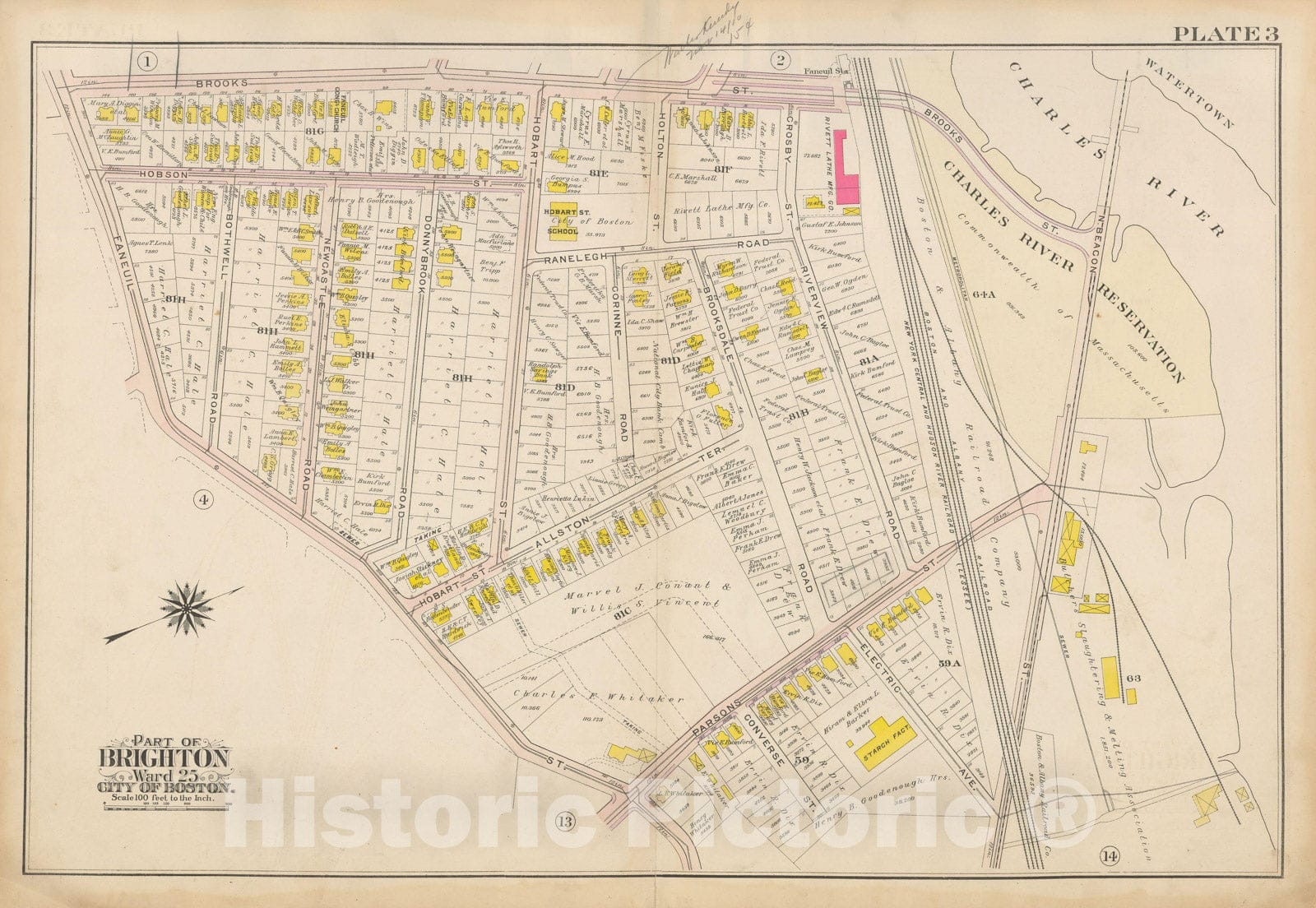 Historic Map : Atlas City of Boston Ward 25 Brighton, Brighton 1909 Plate 003 , Vintage Wall Art