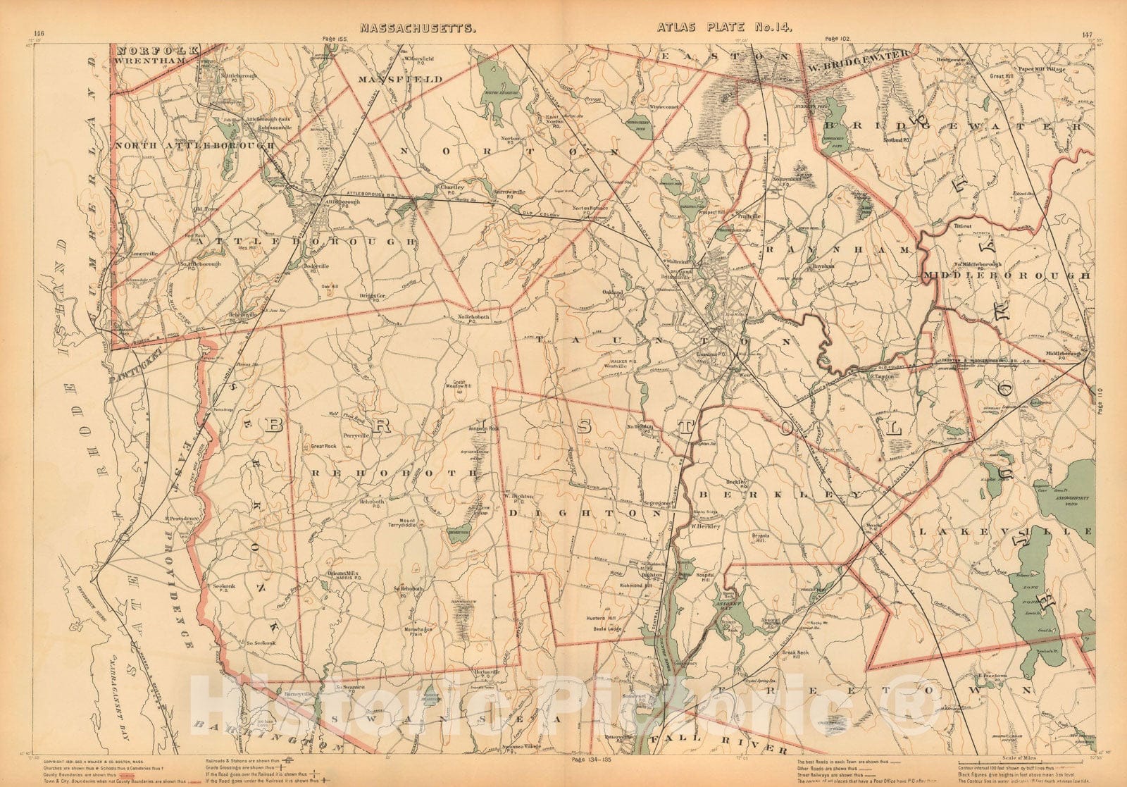 Historic Map : Atlas of Massachusetts, Attleboro & Berkley & Norton & Rehoboth & Seekonk & Taunton 1891 Plate 014 , Vintage Wall Art
