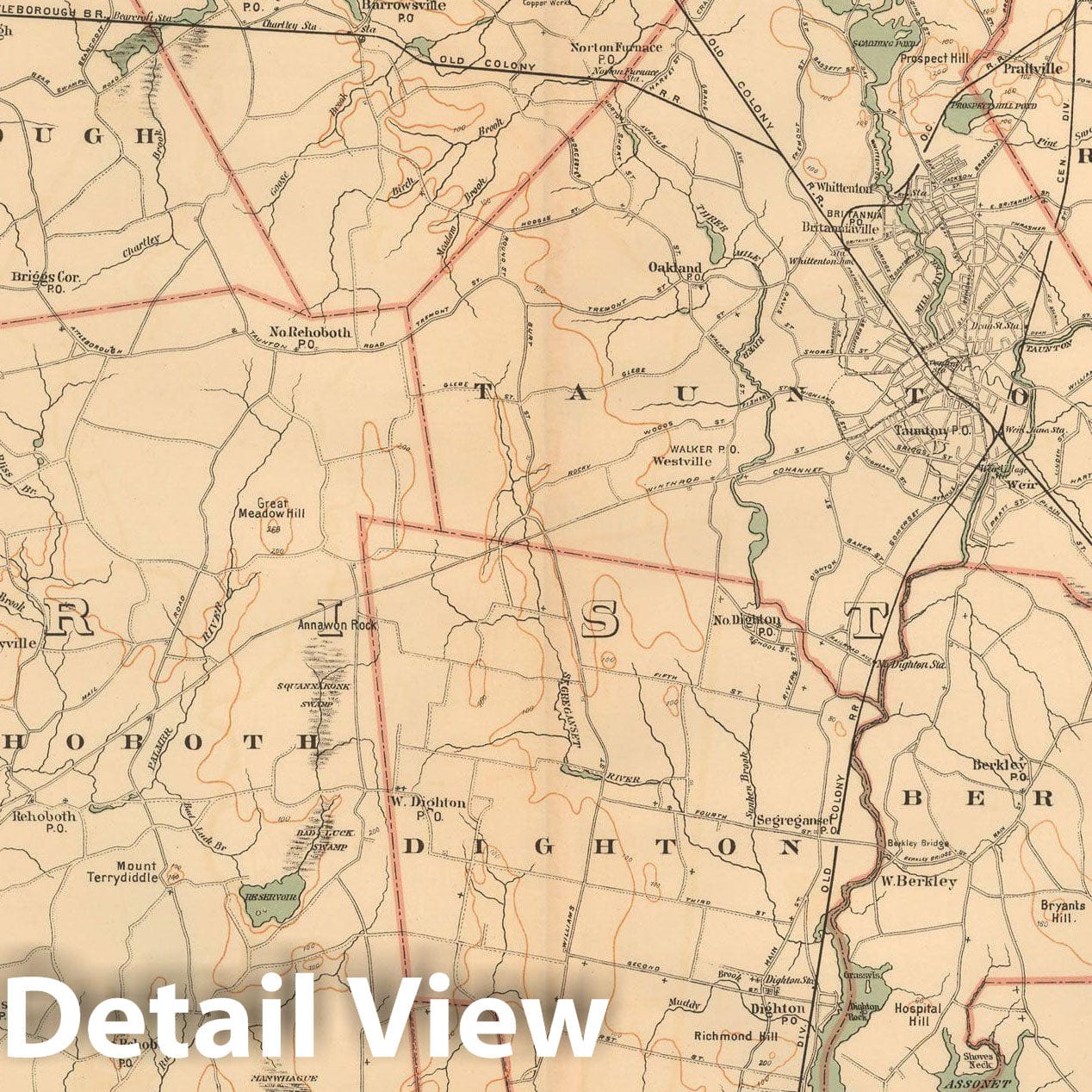 Historic Map : Atlas of Massachusetts, Attleboro & Berkley & Norton & Rehoboth & Seekonk & Taunton 1891 Plate 014 , Vintage Wall Art