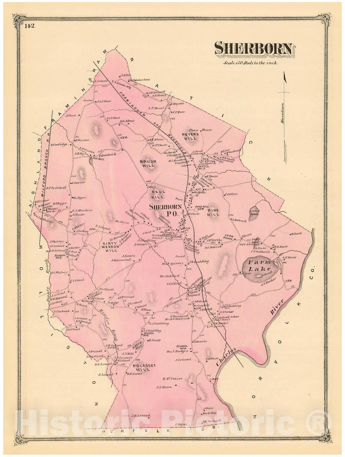 Historic Map : County Atlas of Middlesex Massachusetts, Sherborn 1875 , v2, Vintage Wall Art