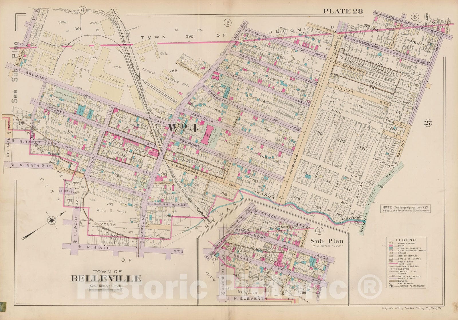 Historic Map : Atlas of Bloomfield, Belleville and Nutley; Essex County Vol D, Belleville 1932 Plate 028 , Vintage Wall Art