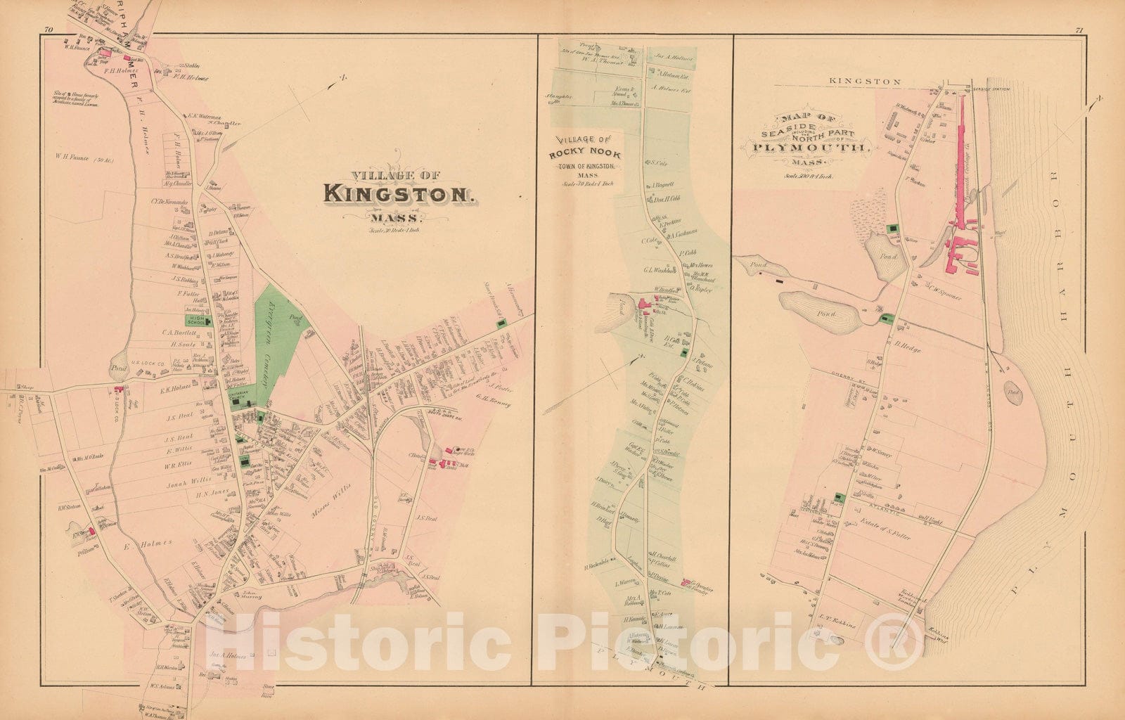 Historic Map : Atlas of Plymouth County Massachusetts, Kingston & Plymouth 1879 , Vintage Wall Art