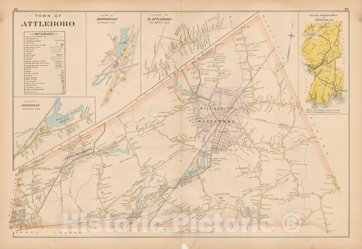 Historic Map : New Topographical Atlas of Surveys Bristol County Massachusetts, Attleboro 1895 , Vintage Wall Art