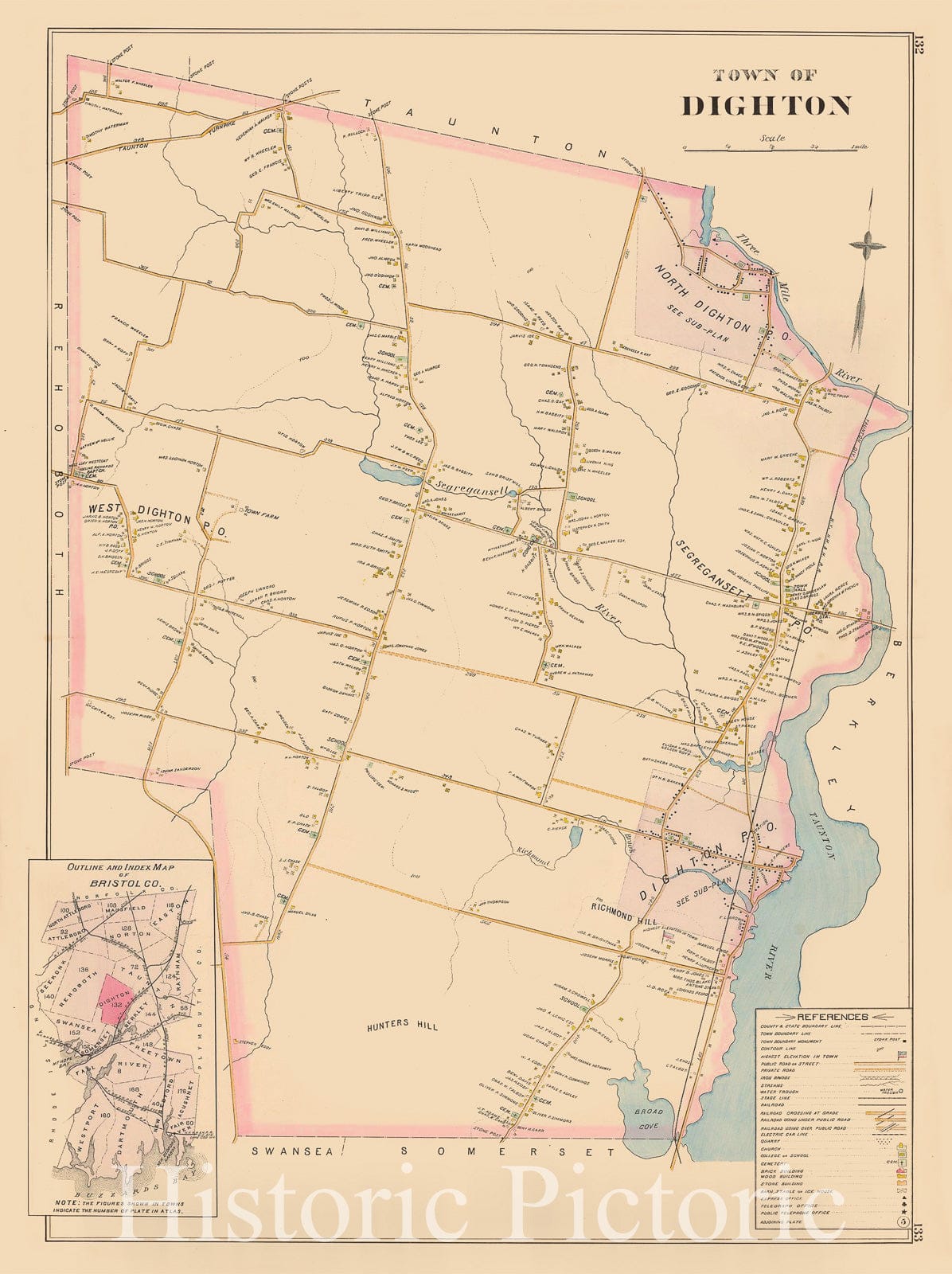 Historic Map : New Topographical Atlas of Surveys Bristol County Massachusetts, Dighton 1895 , Vintage Wall Art