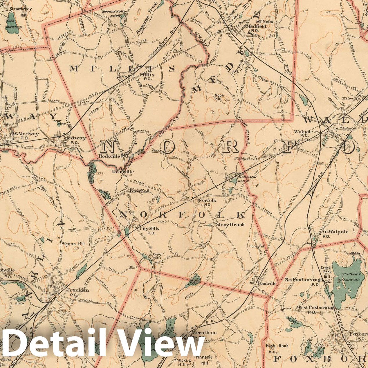 Historic Map : Atlas of Massachusetts, Foxborough & Franklin & Holliston & Milford & Norfolk & Sharon & Walpole 1891 Plate 015 , Vintage Wall Art