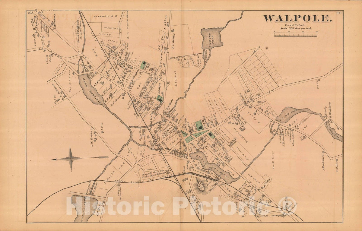 Historic Map : Atlas of Norfolk County, Walpole 1876 , v3, Vintage Wall Art