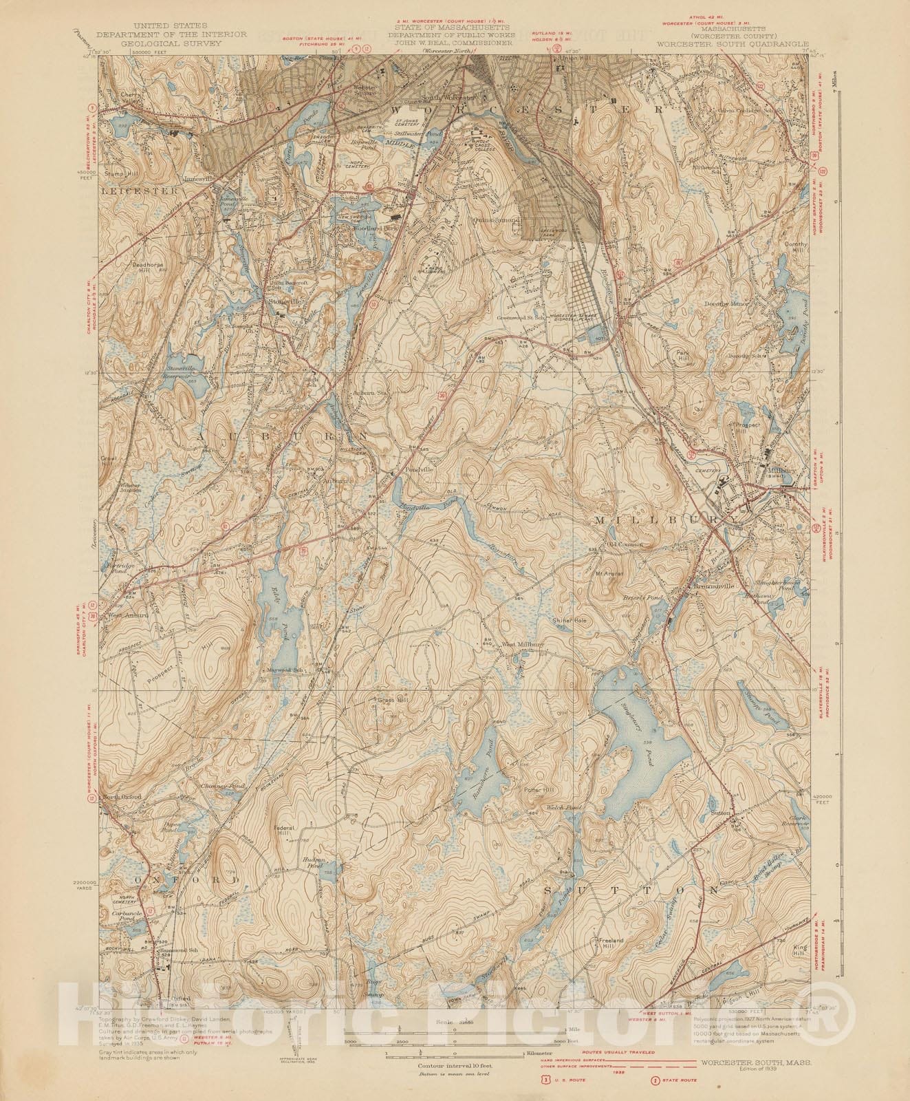 Historic Map : USGS 7.5 Minute Sheets and Quadrangles, Auburn & Millbury & Worcester 1939 Topographic Map , Vintage Wall Art