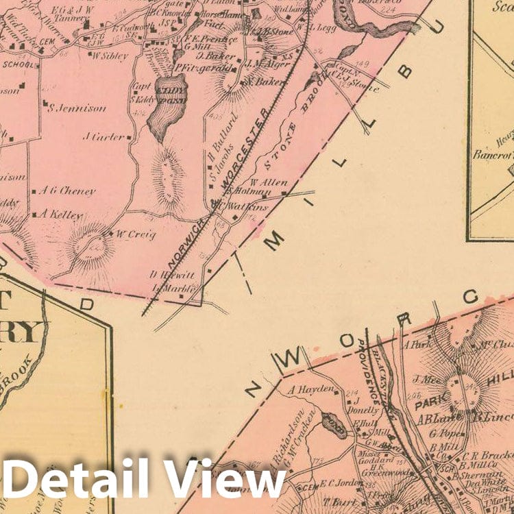 Historic Map : Atlas of Worcester County, Massachsuetts, Auburn & Millbury 1870 , Vintage Wall Art