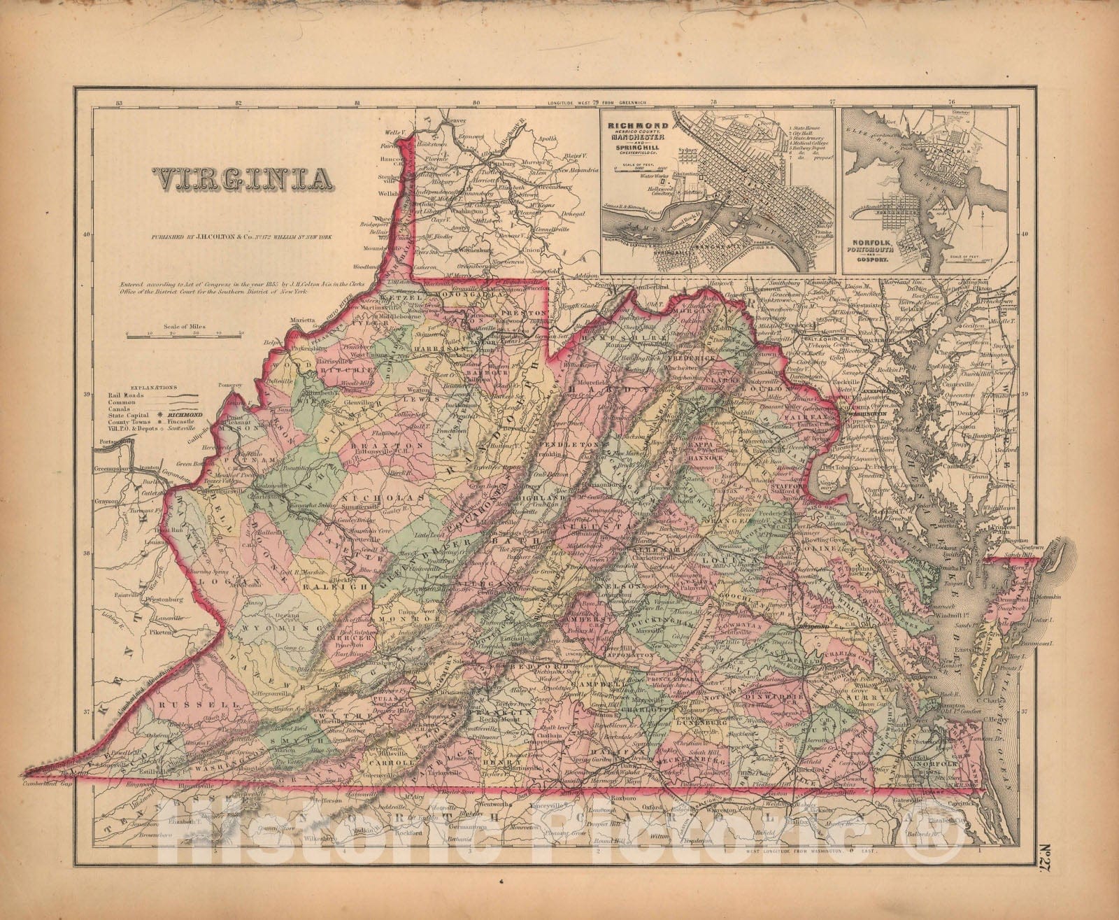 Historic Map : Virginia 1857 , General Atlas (Of The World) , Vintage Wall Art