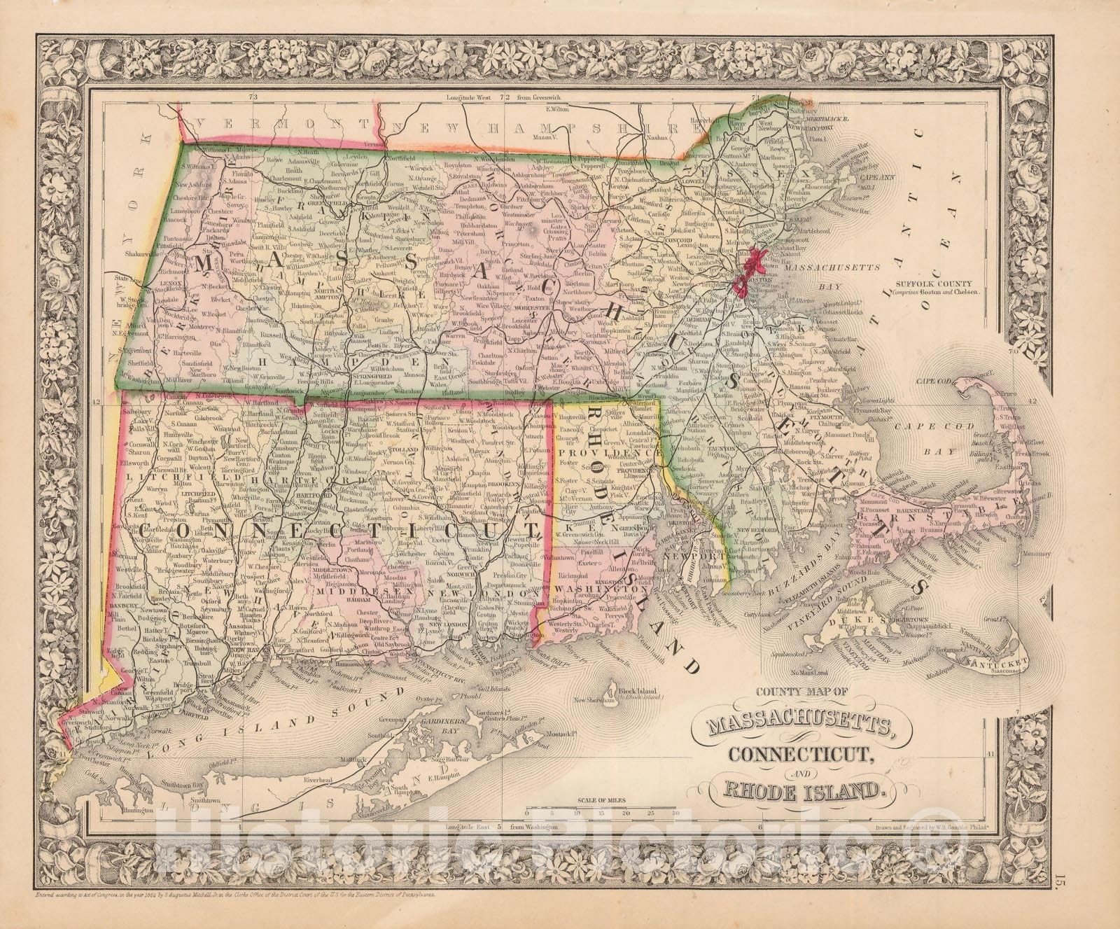 Historic Map : Connecticut & Massachusetts & Rhode Island 1864 , New General (World) Atlas , Vintage Wall Art