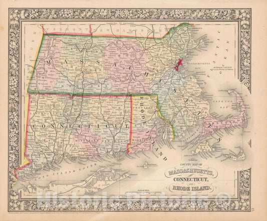 Historic Map : Connecticut & Massachusetts & Rhode Island 1864 , New General (World) Atlas , Vintage Wall Art
