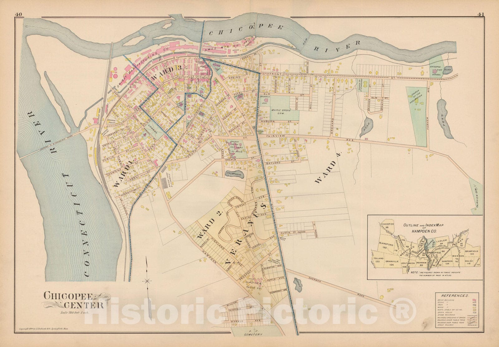 Historic Map : Atlas of Hampden County, Massachusetts, Chicopee 1894 , v3, Vintage Wall Art