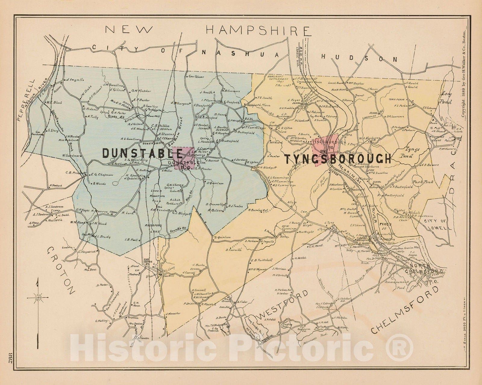Historic Map : Atlas of Middlesex County, Massachusetts, Dunstable & Tyngsborough 1889 , Vintage Wall Art