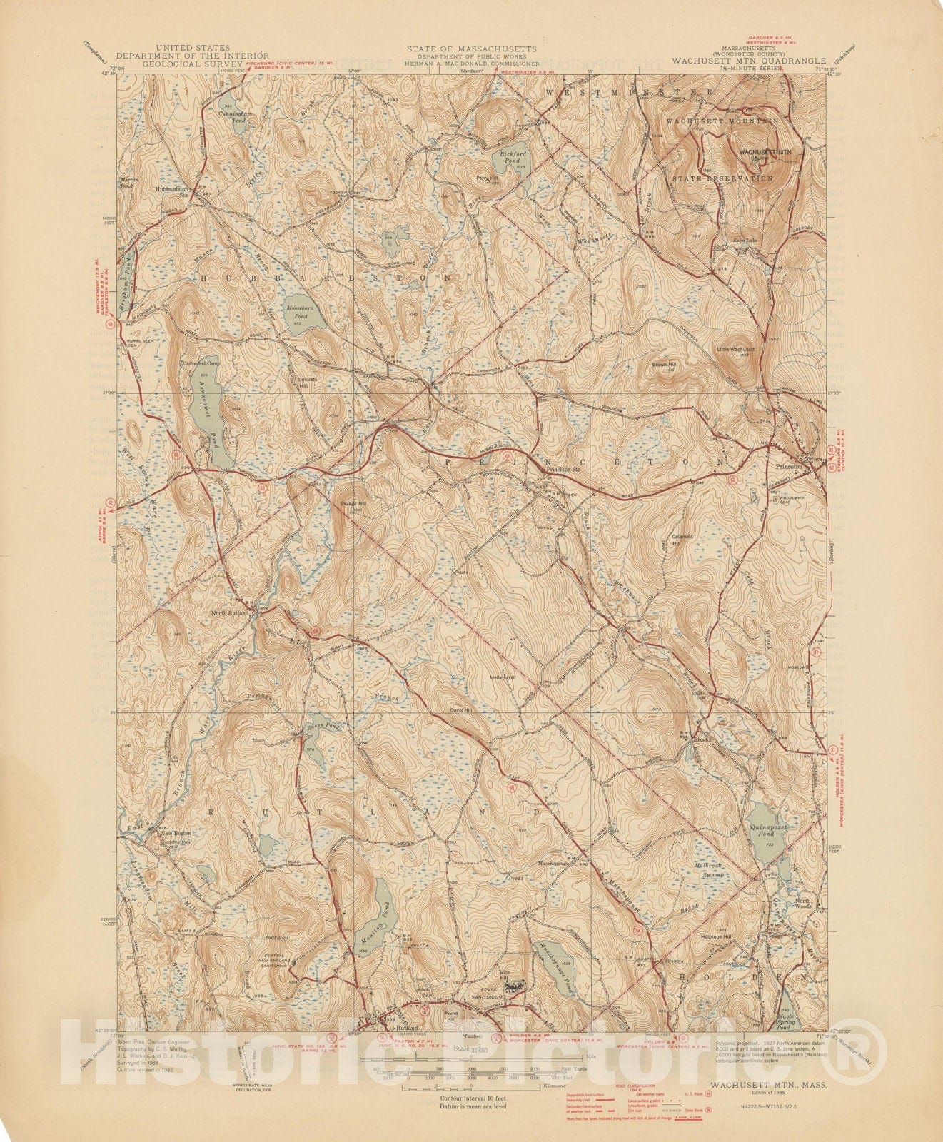 Historic Map : USGS 7.5 Minute Sheets and Quadrangles, Hubbardston & Princeton & Rutland 1946 Topographic Map , Vintage Wall Art