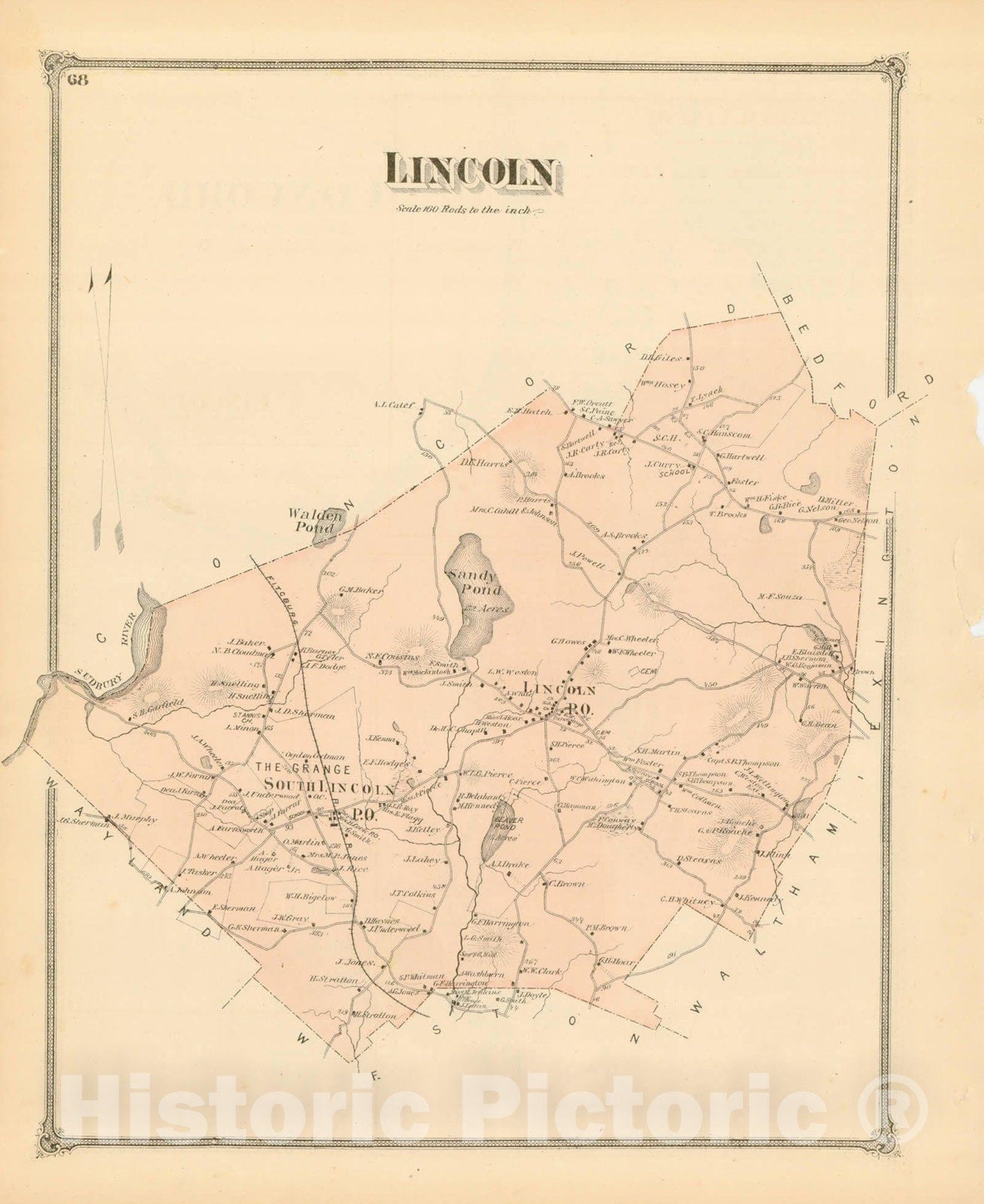 Historic Map : County Atlas of Middlesex Massachusetts, Lincoln 1875 , Vintage Wall Art