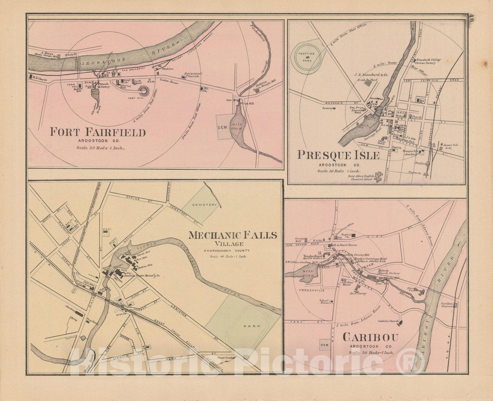 Historic Map : Atlas of Maine, Caribou & Fort Fairfield & Mechanic Falls & Presque Isle 1885 , Vintage Wall Art