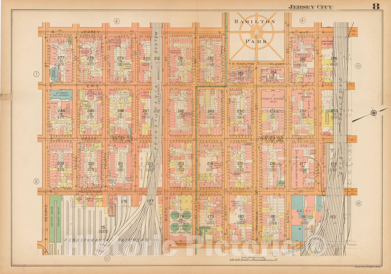 Historic Map : Plat Book of Jersey City, 1928 Plate 008 , Vintage Wall Art