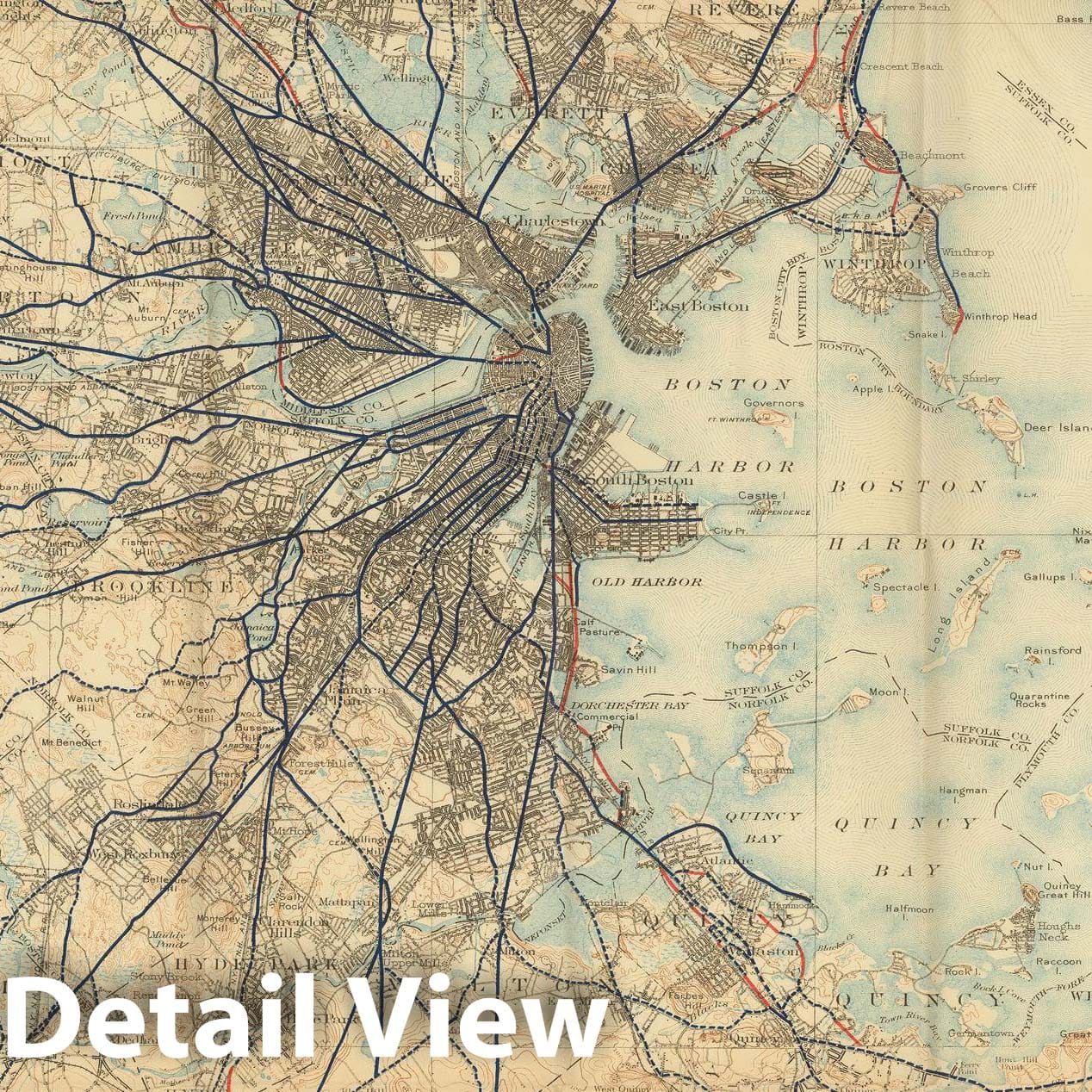 Historic Map : Boston & Cambridge & Lexington & Somerville 1909 , Vintage Wall Art