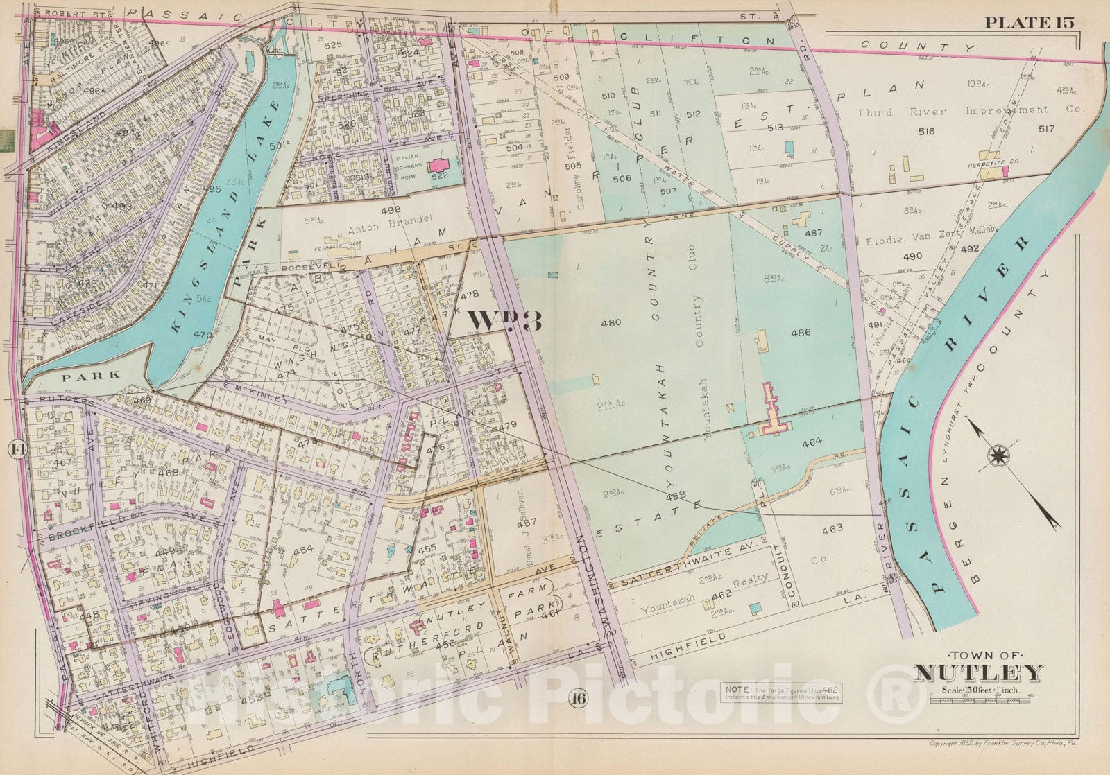 Historic Map : Atlas of Bloomfield, Belleville and Nutley; Essex County Vol D, Nutley 1932 Plate 015 , Vintage Wall Art