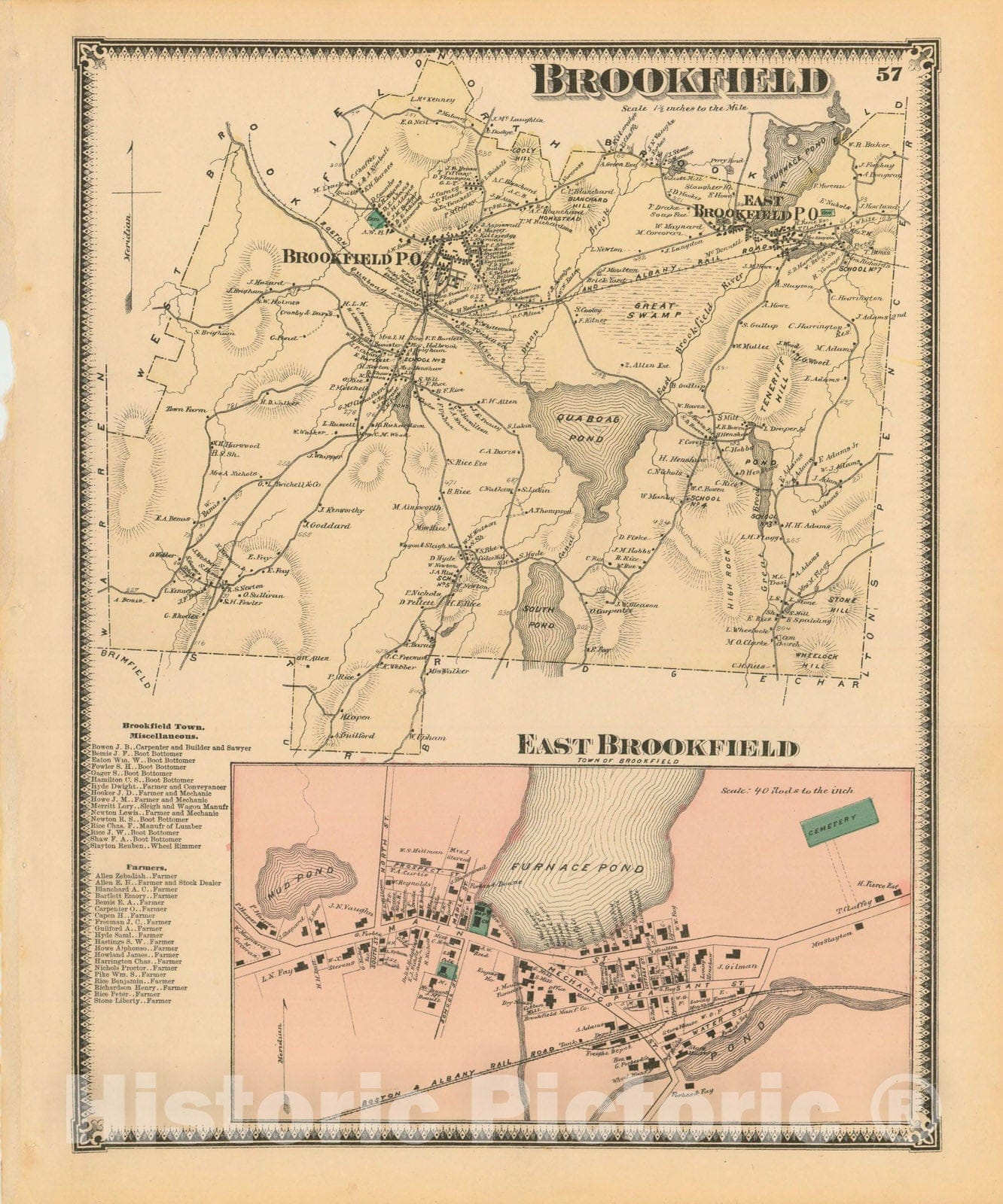 Historic Map : Atlas of Worcester County, Massachsuetts, Brookfield & East Brookfield 1870 , Vintage Wall Art