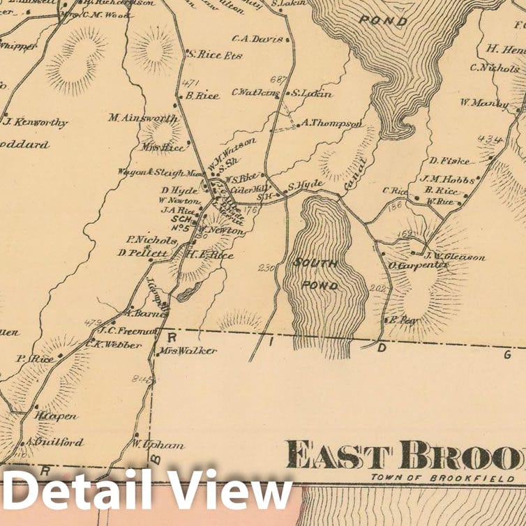 Historic Map : Atlas of Worcester County, Massachsuetts, Brookfield & East Brookfield 1870 , Vintage Wall Art