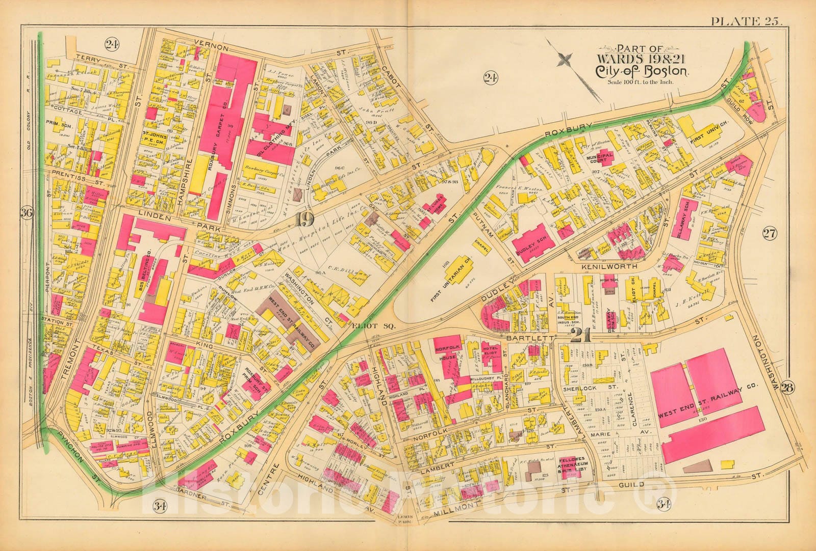 Historic Map : Atlas City of Boston, City Proper and Roxbury, Boston & Roxbury 1890 Plate 025 , Vintage Wall Art