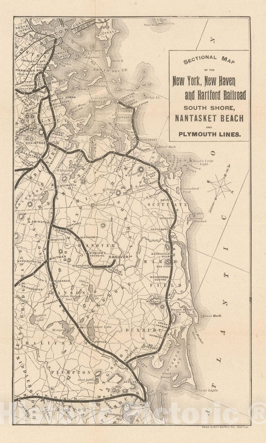 Historic Map : Plymouth County, Boston South Shore Railroad Map 1900 Transit Cartography , Vintage Wall Art